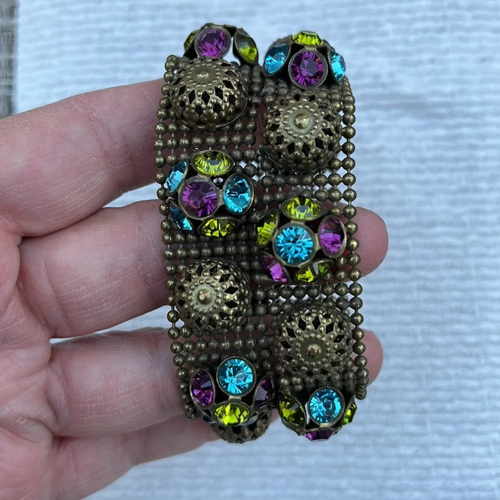 FRANGOS LADIES VINTAGE GOLD TONE BLUE PURPLE CRYSTAL MESH WIDE BRACELET-WOW!